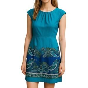 Venus Scallop Neck Sheath Midi Dress Teal Paisley Cap Sleeve Size 4 Professional